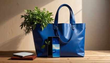 A blue tote bag with plants, smartphone, and a wallet on a wooden table