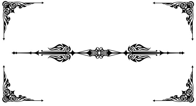 Elegant black ornate flourish corner accents and decorative horizontal divider design elements for sophisticated layouts vector
