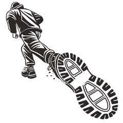 Black hiking boot print on white background footprint