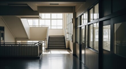 Empty school hallway with natural light