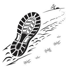 Black hiking boot print on white background with footprints