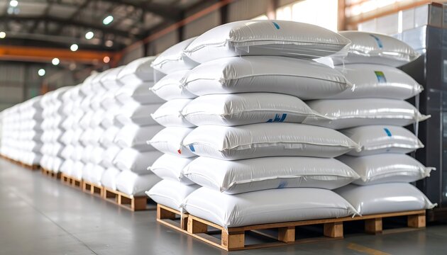 Rows of white plastic bags stacked on wooden pallets inside a large warehouse