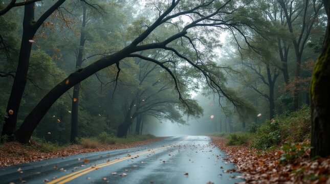 Storm-blown trees bending over road, debris and leaves airborne - Powered by Adobe