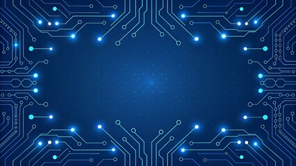Blue Circuit Board Background with Glowing Microchips