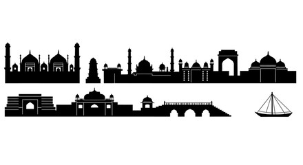 Obraz premium Iconic indian landmarks silhouette collection architectural icons india travel destination culture monument heritage tourism cityscape vector
