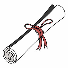 Rolled diploma scroll tied with red ribbon on white
