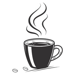 Black coffee mug with steam and coffee beans hot drink