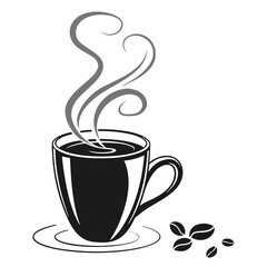 Black coffee mug with steam and beans on white hot drink