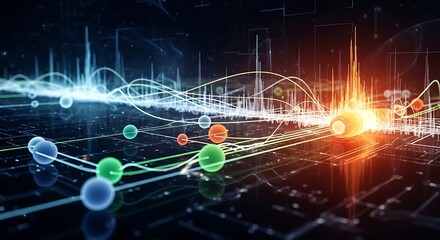 Abstract visualization of data streams with glowing lines and spheres technology