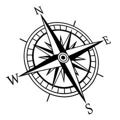 Black compass rose with north arrow on white navigation