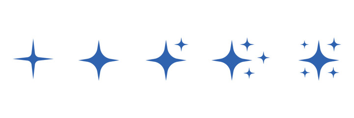 Obraz premium Five glowing blue four pointed starbursts with subtle light flares isolated on transparent background