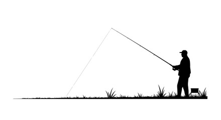 Obraz premium Silhouette of a fisherman casting a rod on a shoreline with overgrown grass and open sky in the distance vector