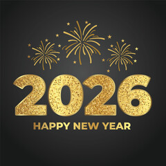 Gold Glitter 2026 Happy New Year Celebration with Fireworks on Black Background
