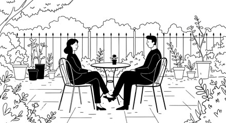 Elegant couple enjoying outdoor coffee break amidst lush garden setting in relaxed summer ambiance vector