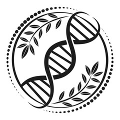 Black D N A double helix with laurel branches in circle