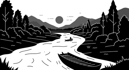 Serene river landscape with distant mountains and a small boat under a stylized sun scene vector