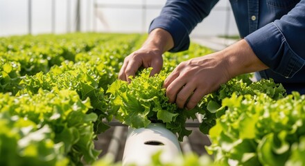 Hands tending fresh lettuce in a greenhouse