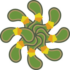 abstract green and yellow organic pattern, symmetrical plant-like design with geometric accents