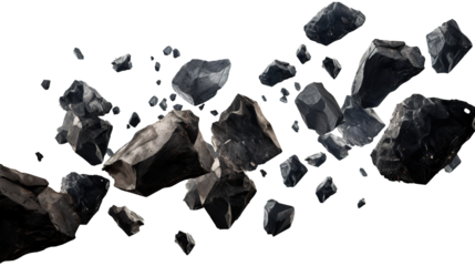 Black rocks and stones floating in air isolated on a transparent white background, clipping path
