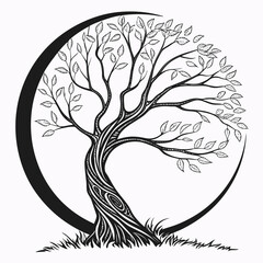 Black minimalist tree with leaves inside a crescent moon shape