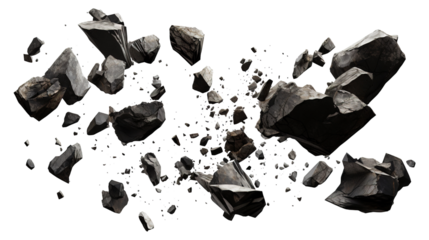 Black rocks and stones floating in air isolated on a transparent white background, clipping path