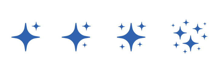 Four stylized blue starbursts with sparkling highlights and a scattering of smaller stars isolated on transparent background
