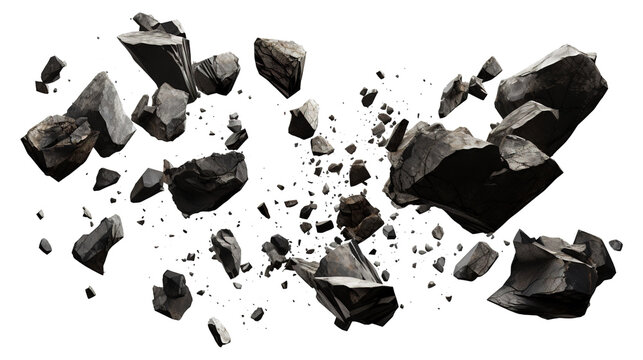 Black rocks and stones floating in air isolated on a transparent white background, clipping path