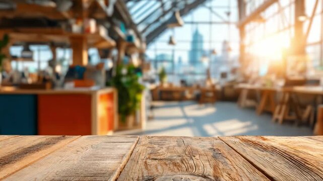 Wooden Table Cafe interior: A weathered wooden table takes center stage, providing a rustic foreground to a bustling cafe bathed in natural light. Through the blurred backdrop.