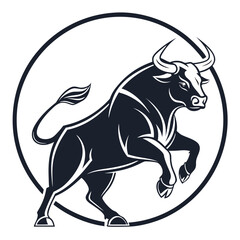 Black bull in circular frame white background logo
