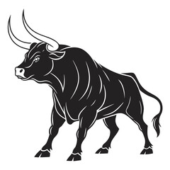 Black bull with long curved horns on white background