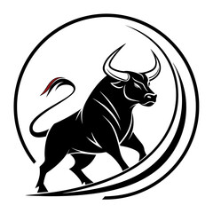 Black bull with red tail in circular emblem white