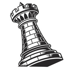 Black chess rook tower graphic on white background