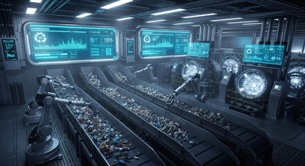 AI Robotic Arms Sorting Trash in a Futuristic Waste Recycling Facility
