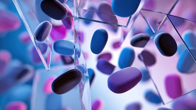 Dynamic Abstract Composition Featuring Floating Blue and Purple Shapes in a Vivid Environment