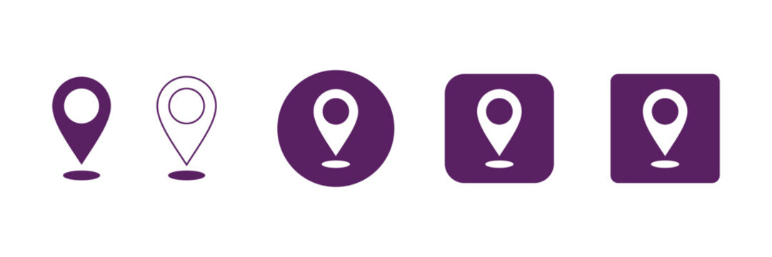Five purple map location pin icons with a white pointer symbol isolated on transparent background