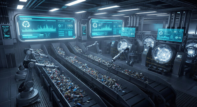 AI Robotic Arms Sorting Trash in a Futuristic Waste Recycling Facility - Powered by Adobe