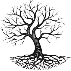 Obraz premium Black bare tree with intricate roots on white background