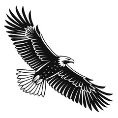 Black eagle with spread wings flying on white background