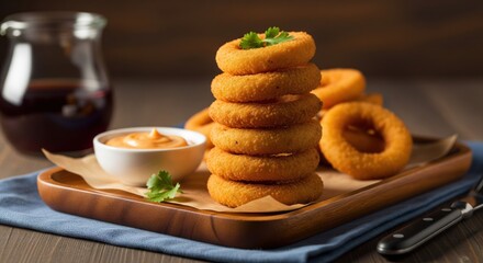 Stacked onion rings with dipping sauce. Crispy fried onion rings in a tower, ready to be served with a creamy dipping sauce