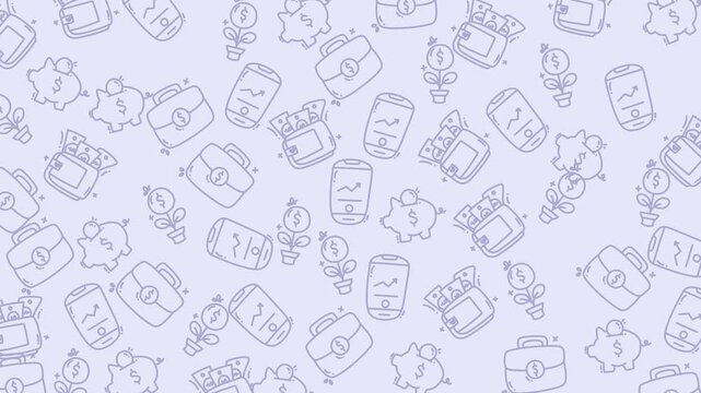 Pattern with money related doodles on blue background. Suitable for financial presentations, business websites, and moneythemed designs.