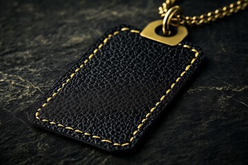 Luxury black leather key holder with gold stitching and chain on dark textured surface.