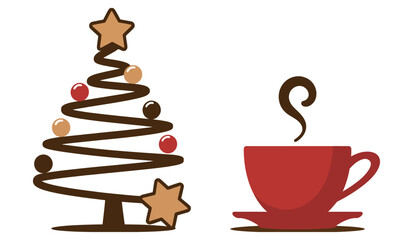 Creative Christmas Tree Made of Chocolate with Steaming Red Cup of Coffee or Cocoa – Cozy Winter Holiday Composition for Seasonal Food and Drink Background