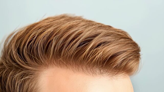 Male hair brown hair short haircut side part combed style neat grooming close up natural texture soft light studio calm mood modern clean voluminous