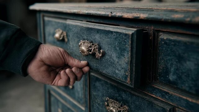 Focused view of a vintage dresser drawer being opened showcasing aged brass handles with the surrounding cluttered room out of focus.