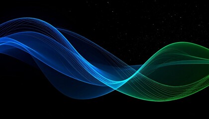 Abstract digital waves in blue and green on black background, flowing translucent lines, depth and motion, tech-inspired visual.