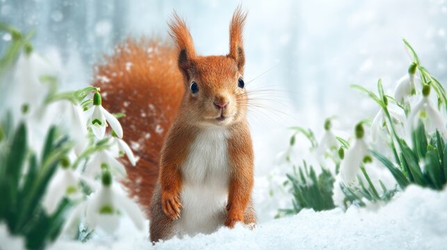 Serenity in snow: a red squirrel's first encounter with snowdrops. Poster design. Squirrel amid snow, subtle blossoms of snowdrops create delicate contrast. Adventure poster.