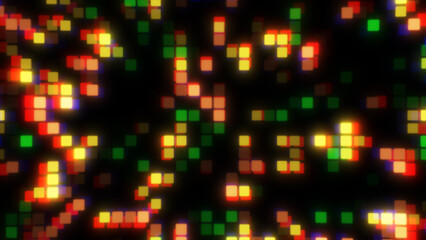 Glowing colorful small cubes digital landscape technology background. Dark technology bg glowing random cubes. Footage for big data, machine learning, virtual space.