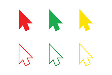 Collection of six colorful computer mouse cursors in red green and yellow outlines and solid fills isolated on transparent background