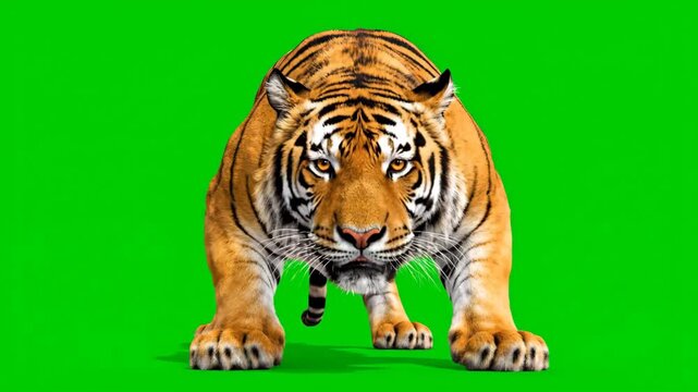 Crouching Tiger on Green Screen - A tiger crouches low to the ground, facing the viewer directly. The big cat is on a green screen background for easy compositing.