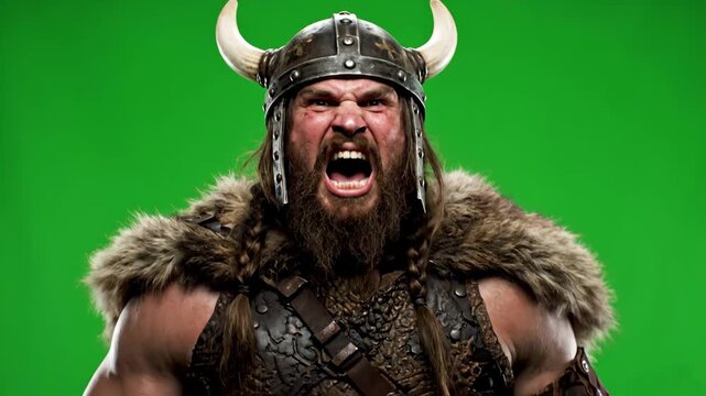 Furious Viking Warrior Screaming on Green Screen - A powerful Viking warrior is captured mid-scream against a vibrant green screen backdrop.
